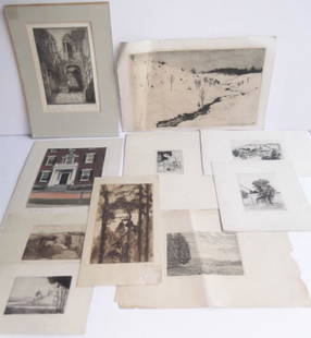 10 20th century etchings/engravings: 10 20th century etchings/engravings, lithograph. Largest measures 14 1/2 inches 9 inches.