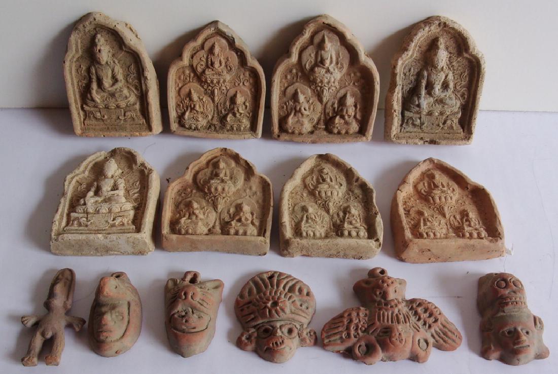 14 Indian & Latin American pottery sculptures/plaques: 14 Indian & Latin American terra cotta sculptures/plaques. Largest measures 3 inches x 2 inches.