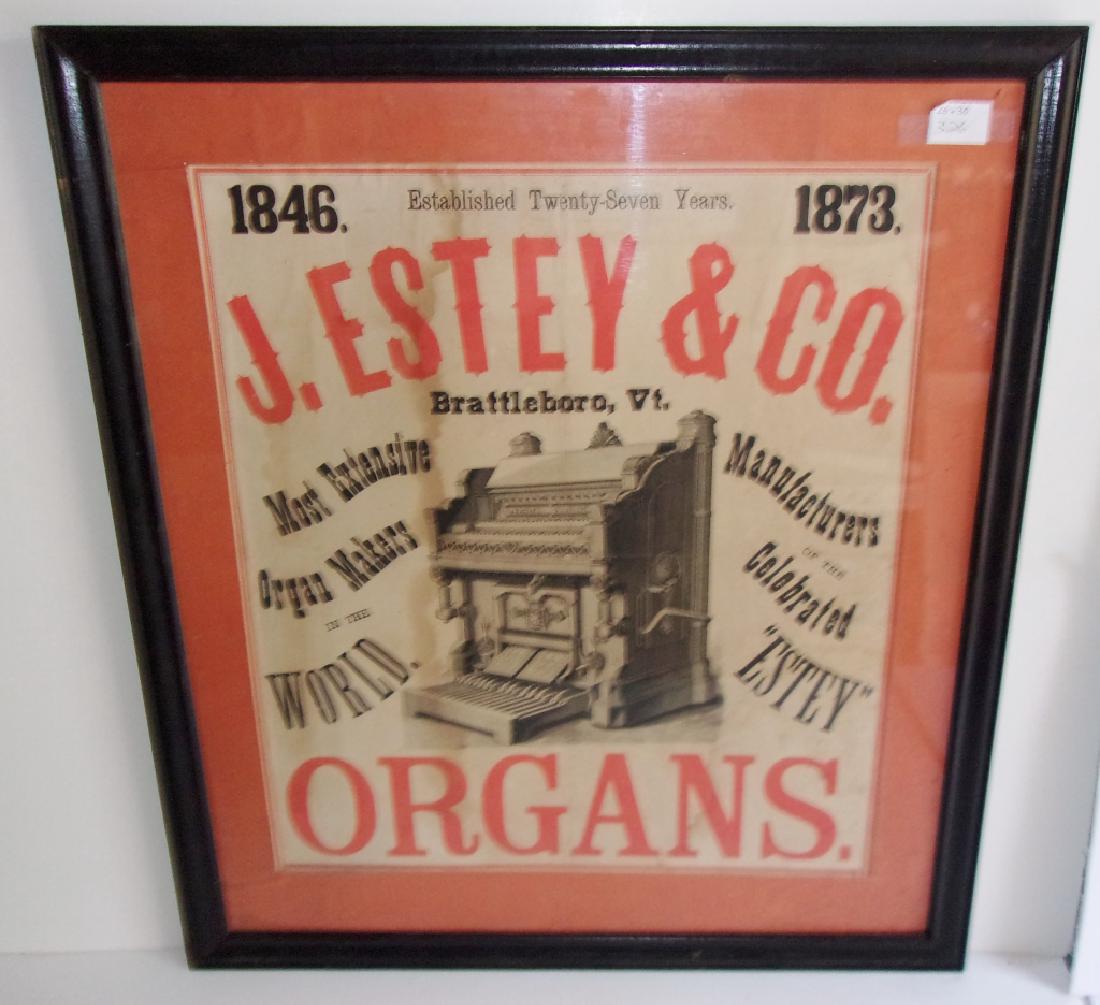 J. Estey & Co. Organs advertisement framed: 1873 J. Estey & Co. Organs advertisement framed. Stained; creases; tears. 26 inches x 30 inches.