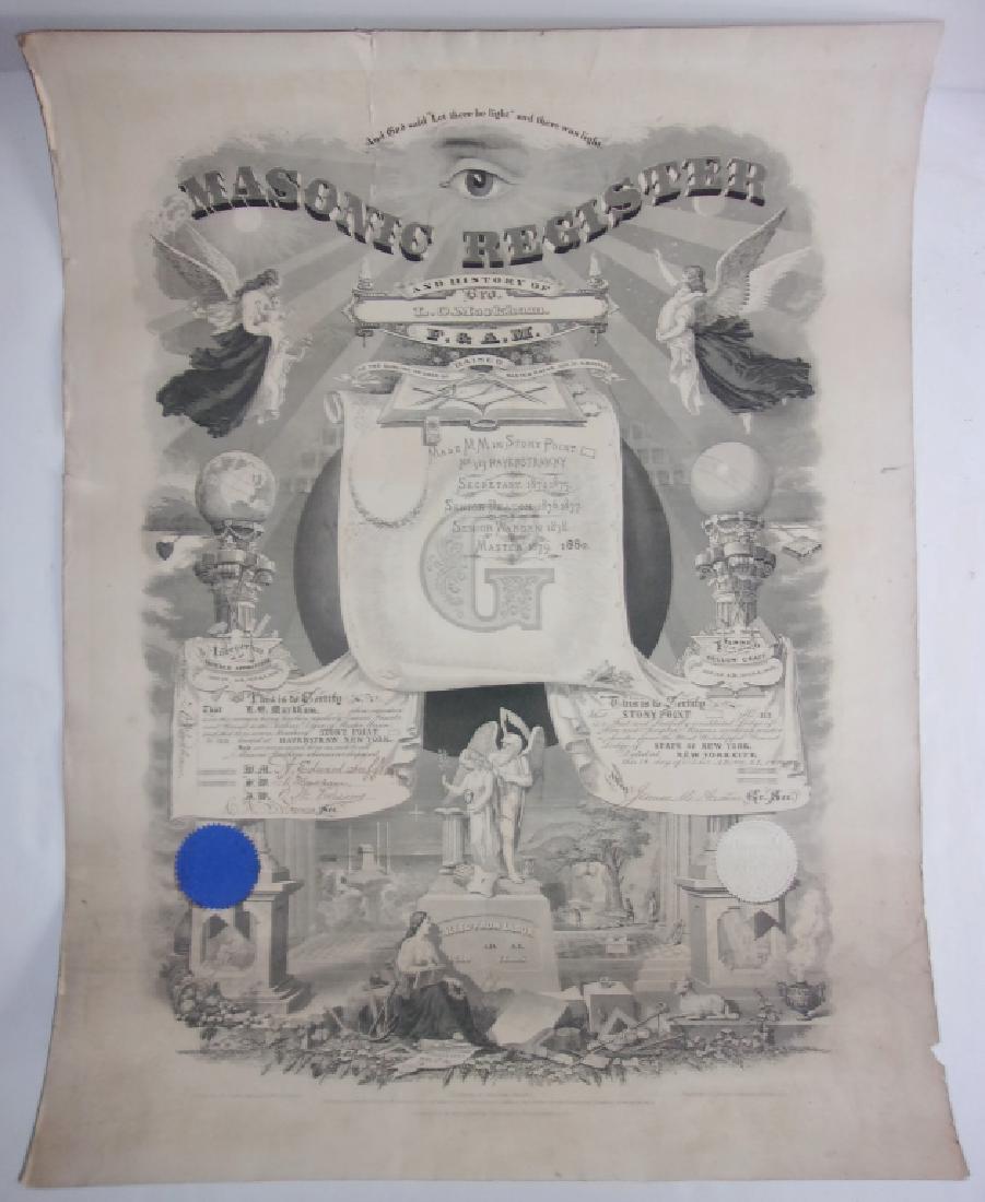 1880 Masonic register certificate: 1880 Masonic register certificate. Taped on back; tears; creases; foxing. 21 inches x 27 inches.