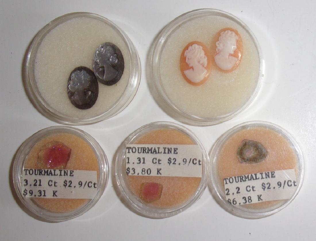 Tourmaline & Cameos: 3 tourmaline pieces; 2 Carnelian cameo; & 2 MOP cameos.