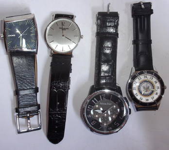 4 vintage men's wristwatches: 4 vintage men's wristwatches including moon star, United States Navy, DKNY, patek Philippe. Use condition.