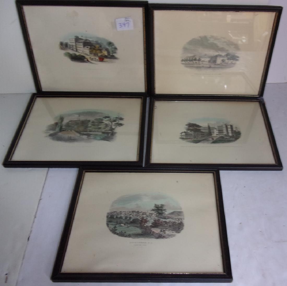 Set of 5 colored engravings: Set of 5 colored engravings, titles include "View of the Pleasure Grounds from Monocacy Bridge"; "View of the Seminary Building"; "Bethlehem P.A."; "Female seminary of A.D. 1786". 2 frames need reatta