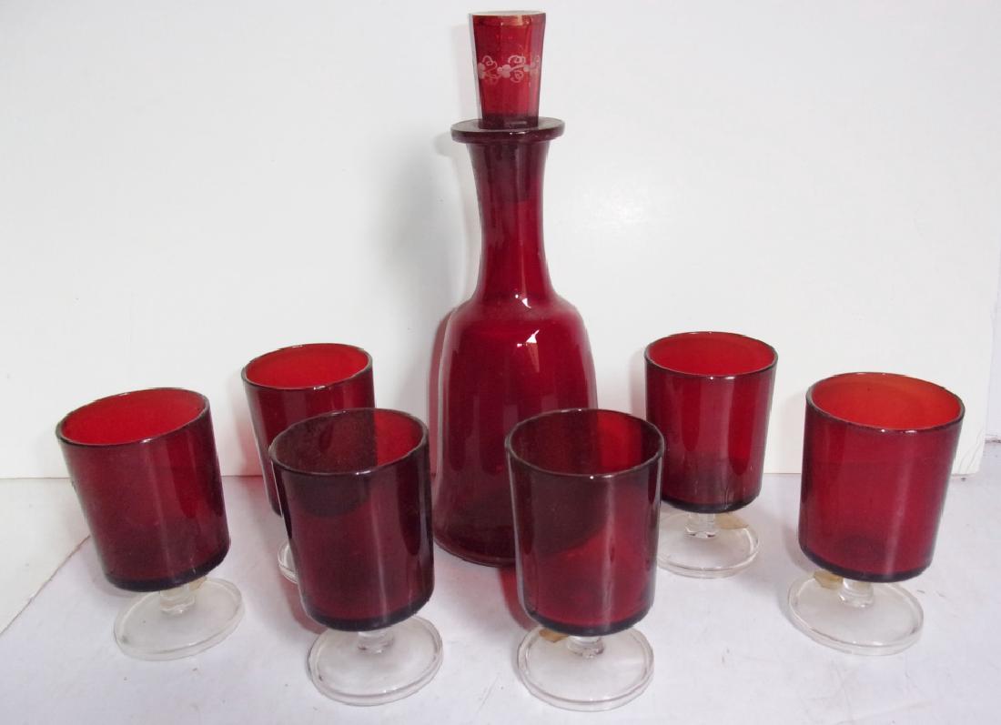 7 piece Ruby red glass decanter set