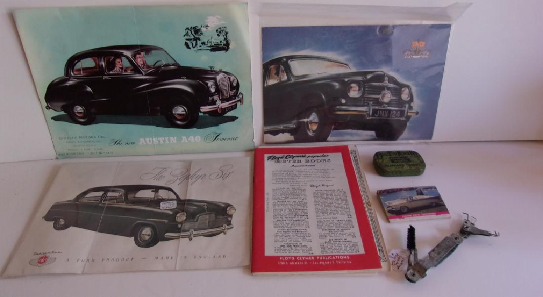 8 piece car related items: 8 piece car related items including double tube repair kit; vintage spark plug tool; The Zephyr Six advertising brochure; Austin A40 Somerset advertising brochure. Used condition. 11 inches x 8 inches