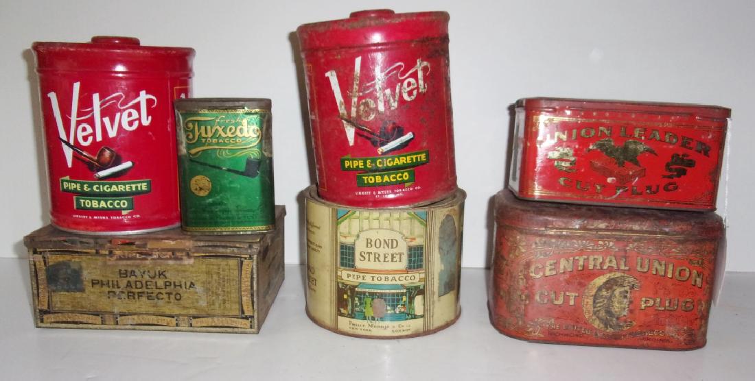 Collection of 7 tobacco vintage tins: Collection of 7 tobacco vintage tins including Velvet pipe & cigarette tobacco; Central union cut plug; Union Leader cut plug; Bond street pipe tobacco. 7 inches x 6 inches.
