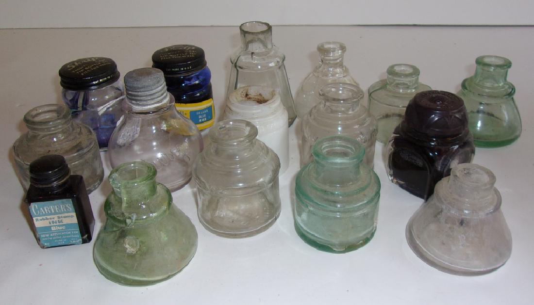 Collection of 16 antique/vintage glass ink wells