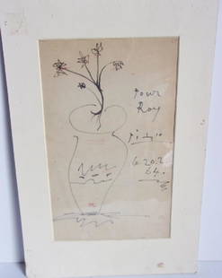 Picasso original drawing: Picasso original flower in vase drawing, marked "not to be sold outside United Kingdom". 13" x 10".