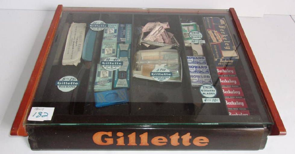 Vintage Gillette Display Case With Contents