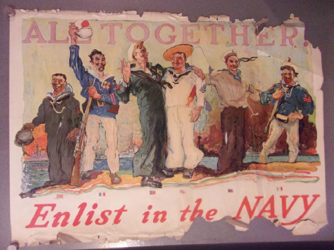 WWI "All together. Enlist in the Navy"poster 1917: WWI "All together. Enlist in the Navy"poster, 1917, by Henry Reuterdahl. 43" x 31". Condition as per photo.