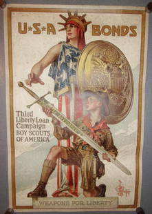 WWI weapons for liberty poster: WWI "USA Bonds, third liberty loan campaign, Boy Scouts of America, weapons for liberty" by J.C. Leyendecker, 1918. 30" x 20". Condition as per photo.