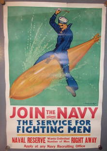 WWI join the Navy poster by Babcock: WWI "Join the Navy the Service for Fighting Men" poster by Babcock. 42" x 28". Condition as per photo.