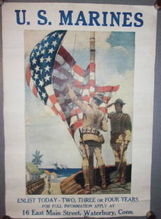 WWI US Marines recruiting poster: WWI "US Marines, enlist today" poster, by Sidney H Riesenberg, dated in poster 1913. 18" x 26". Condition as per photo.