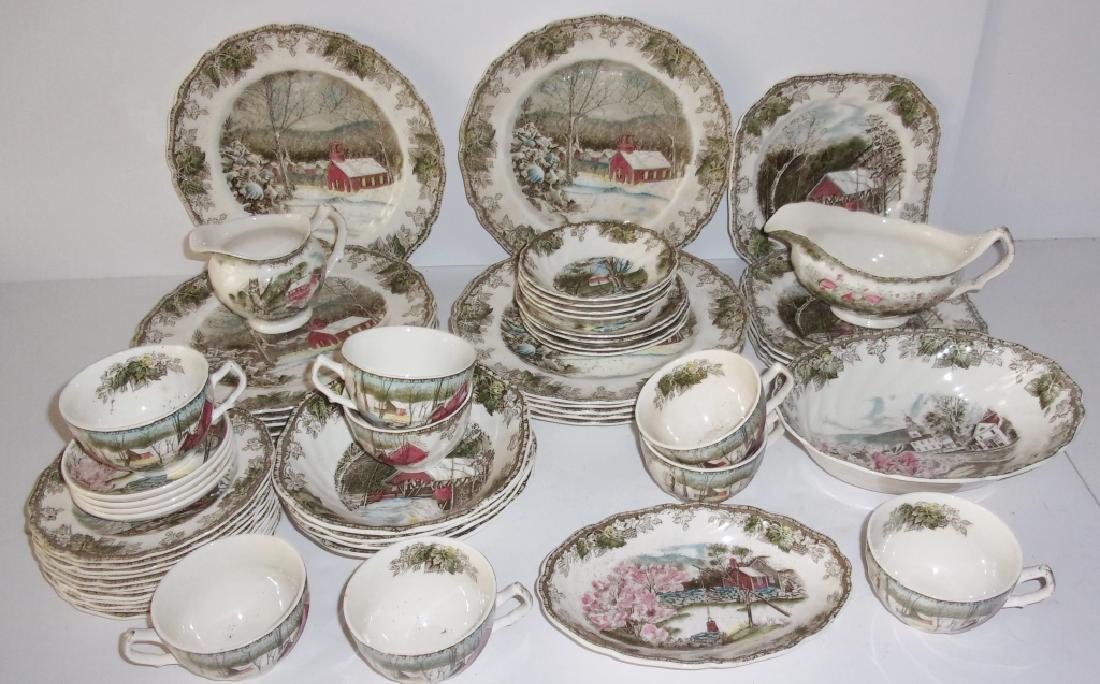 55 piece "the friendly village" dish set: 55 piece "the friendly village" dish set by Johnson brothers, made in England. Including plates, bowls, cups, saucers, gravy boat. Not a complete set. Largest plate measures 10 inches in diameter. Min