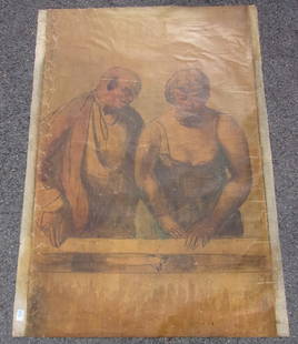 Large oil on canvas signed GUY PENE DU BOIS: Large oil on canvas painting depicting man and woman, signed GUY PENE DU BOIS '34 (American 1884-1958). Paint loss, cracking, tears, Needs restoration. 56" x 40".