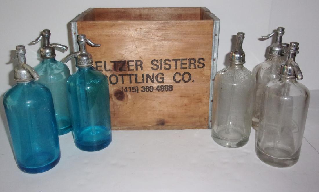 6 SELTZER BOTTLES & WOOD CRATE