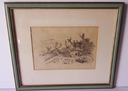 original pencil drawing of deer in field: Original pencil drawing of deer in field, unsigned, attributed to James Ward (1790-1855) Royal Acadamy. 13.5" x 16".