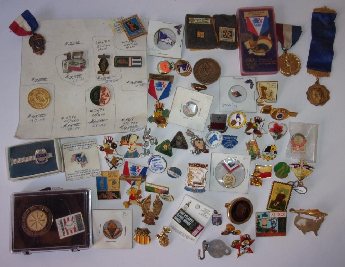 Collection of 60 button/pins, medallions, metals (1 of 5)