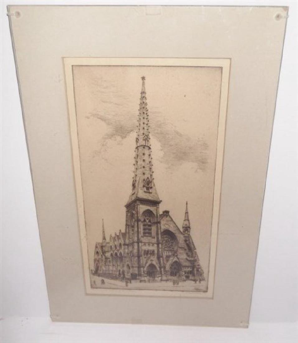 Church scene etching signed Edith Nankivell (1 of 5)