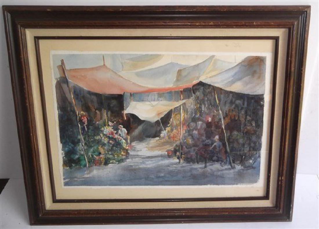 Framed watercolor farm market scene (1 of 2)
