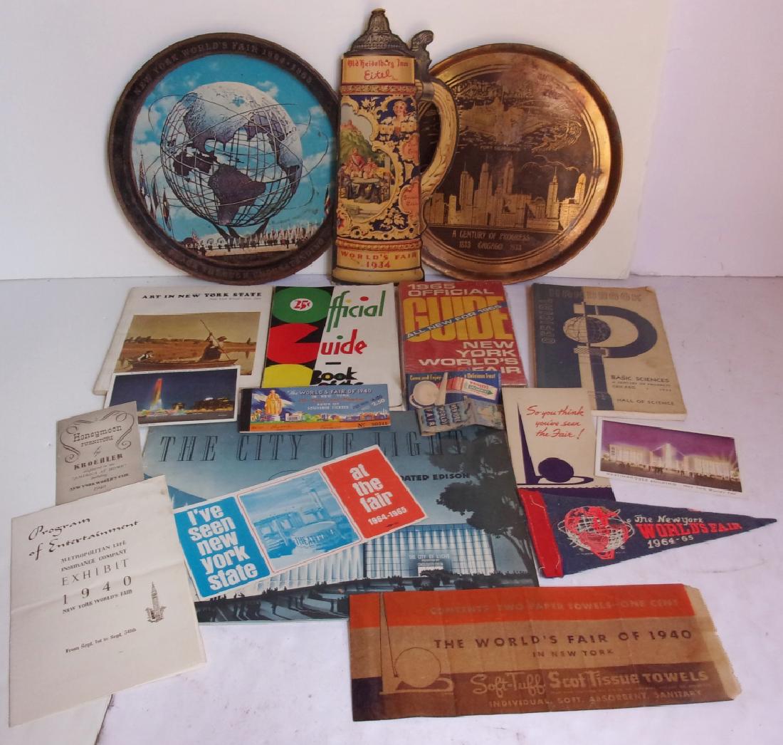 collection of various worlds fair items: Collection of various worlds fair items including postcard; serving trays; pennant; official guidebooks; official handbook; program of entertainment. Stains/foxing; creases; tears.