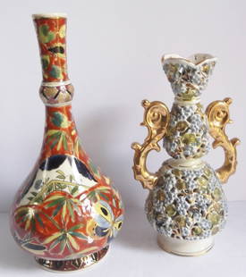 2 vases: 2 vases including 1 late 19th c. vase marked made in Hungary possibly Zolnay & 1 marked Budapest Fischer vase. Chips. Largest measures. 10 1/2 inches high.