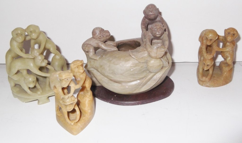 4 Vintage soapstone monkeys: 4 Vintage soapstone monkeys. 1 marked China, 1 marked The People's Republic of China. Largest measures 3 1/2 inches wide x 3 1/4 inches high x 2 1/2 inches deep.