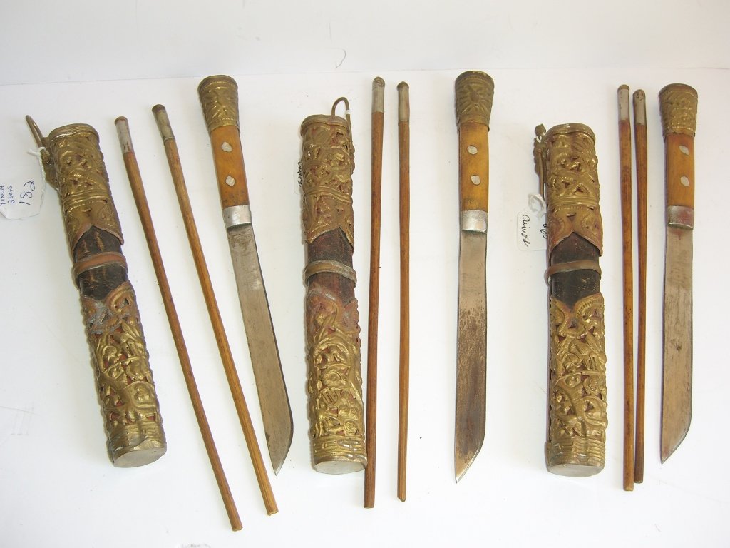 3 sets of Tibetan utensils: 3 sets of Tibetan utensils - knife & chopstick with case. 9 inches long.
