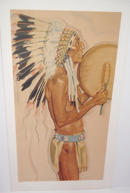 lithograph of Indian signed Winold Reiss: lithograph for a railroad calendar circa 1910 of Indian signed Winold Reiss (Woodstock artist), titled "Sundance", 1936. 14 inches x 24 1/2 inches.