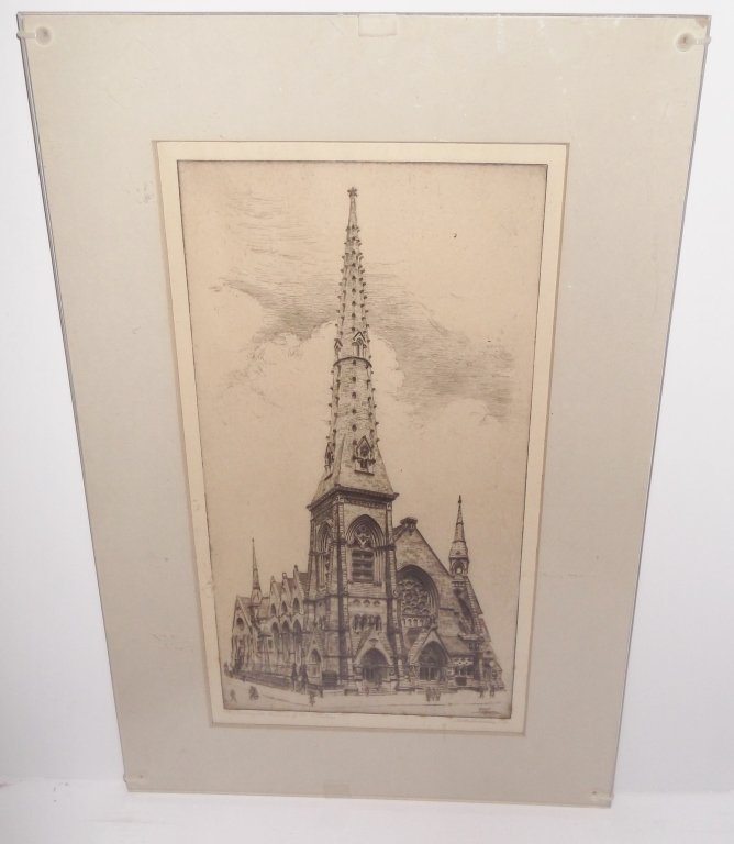 Church scene etching signed Edith Nankivell (1 of 5)