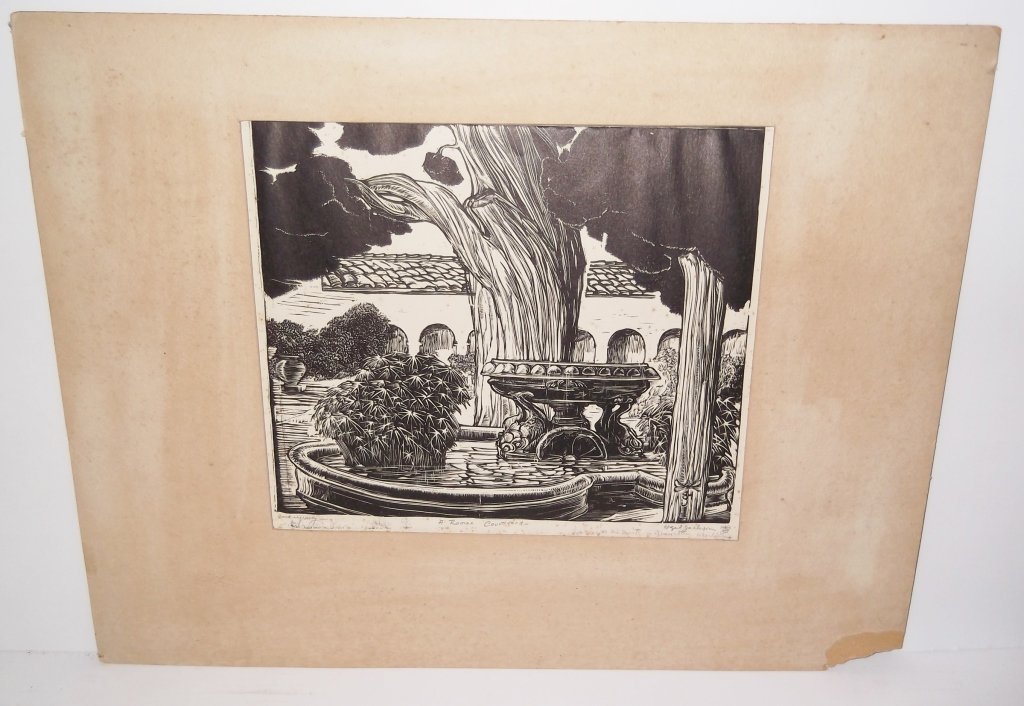 Wood engraving signed Hazel Jackson: Wood engraving signed in pencil Hazel Jackson, titled "A Roman Courtyard". Foxing. 20 inches x 15 inches including matting.