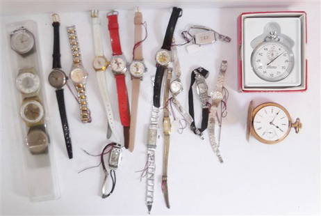 Collection of assorted watches: Collection of assorted watches including Eging pocket watch & 3 Mickey Mouse wrist watches. Not working.