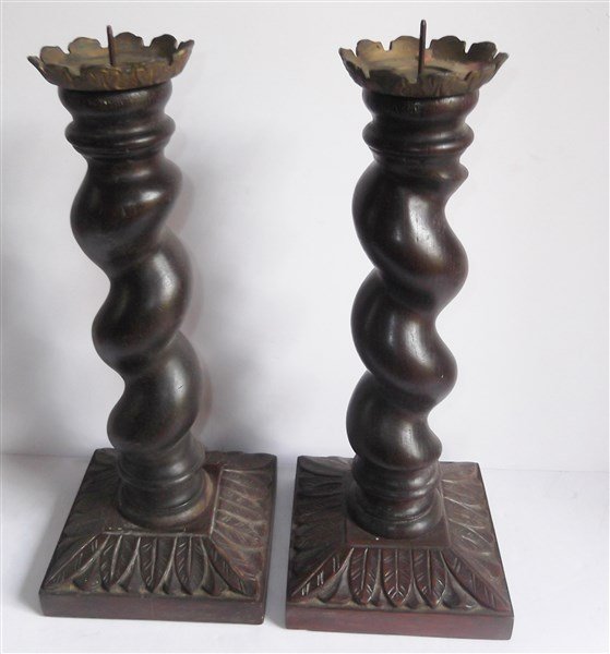 Pair of large wood carved candle holders (1 of 2)