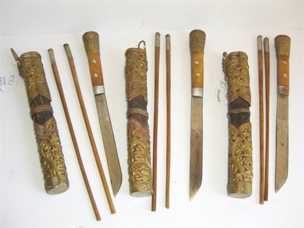 3 sets of Tibetan utensils: 3 sets of Tibetan utensils - knife & chopstick with case. 9 inches long.