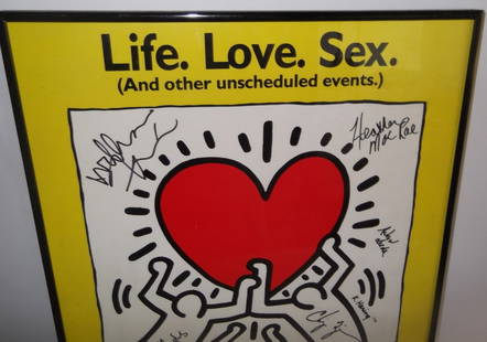 Falsettos A  musical poster: 1992 Life. Love. Sex. Keith Haring Falsettos A musical poster, signed. Glass cracked in corner. 14 inches x 22 inches.