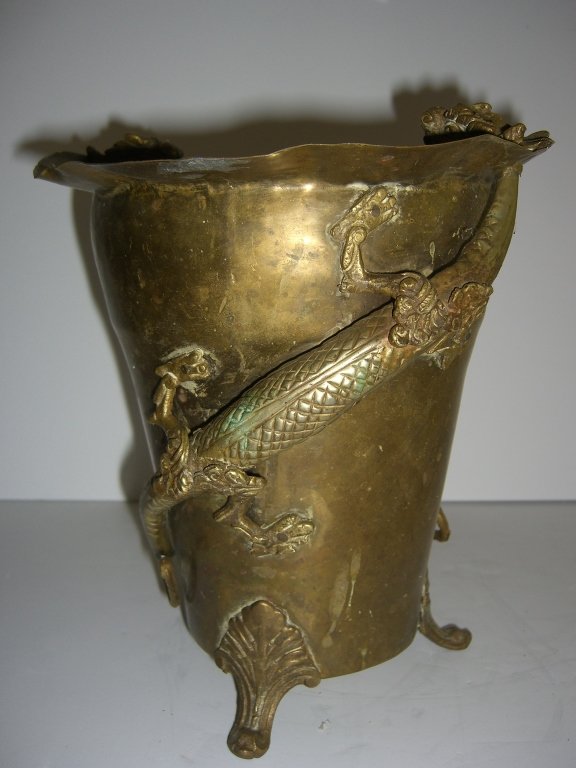 Chinese brass footed pot with dragon (1 of 7)