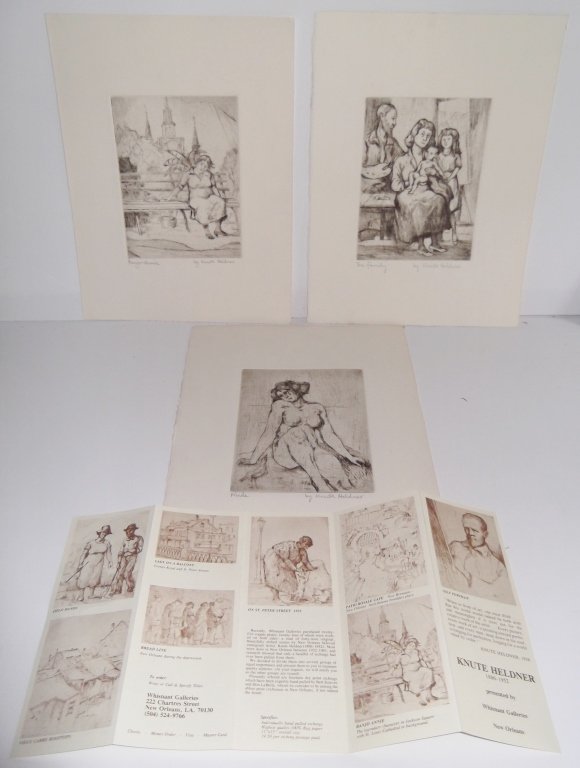 3 etchings by Knute Heldner: 3 etchings by Knute Heldner titles include "Banjo Annie"; "Nude"; & "The Family". 11 inches x 15 inches.