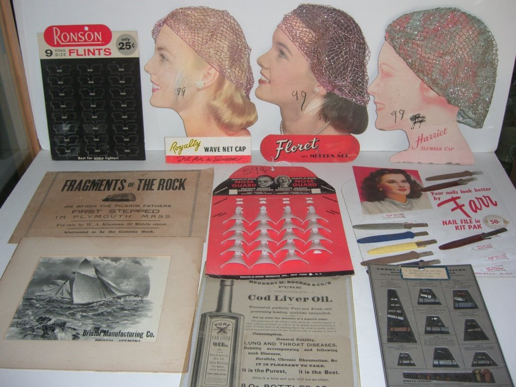 10 store advertising displays: 10 store advertising displays including Farr nail files; Health-O-Swim nose guards; Ronson flints. Used condition. Largest measures 14 inches x 12 inches.