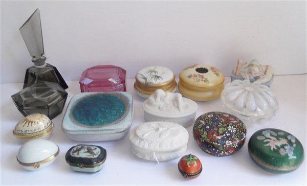Collection of 16 trinket boxes: Collection of 16 trinket boxes, bisque boxes, perfume bottle, dresser boxes/jars & vintage porcelain hair receiver. Markings include Limoges, Belgium, Jingea, Austria, Design Technics. Scratches; chip