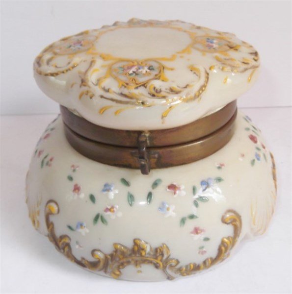 Victorian Bristol glass jewelry casket: Victorian Bristol glass jewelry casket, marked on bottom "Austria". Hairline crack. 3 inches high x 4 1/2 inches wide.