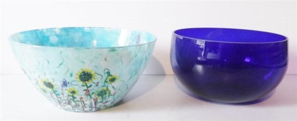 2 glass bowls: 2 glass bowls including cobalt bowl & hand painted bowl with flowers signed Leslie Egenberger 98. Largest measures 11 inches wide x 5 1/4 inches high.