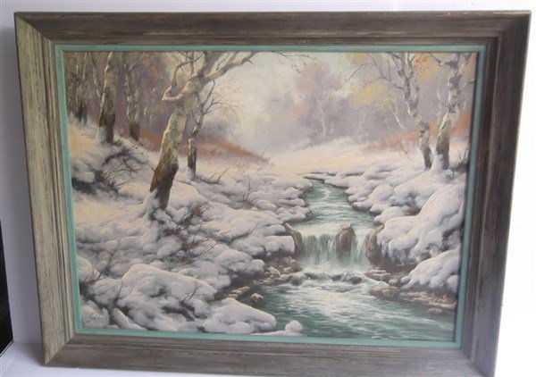 Oil on canvas stream in woods winter scene (1 of 3)