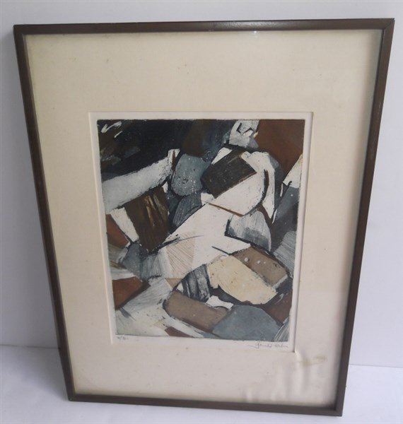 Abstract lithograph signed Gerald Hahn: Abstract lithograph signed Gerald Hahn, numbered 4/8. Foxing. 13 inches x 17 inches.
