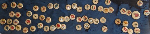1940's kellogg PEP cereal flag pins: 57 1940's kellogg PEP cereal flag pins. Stained.