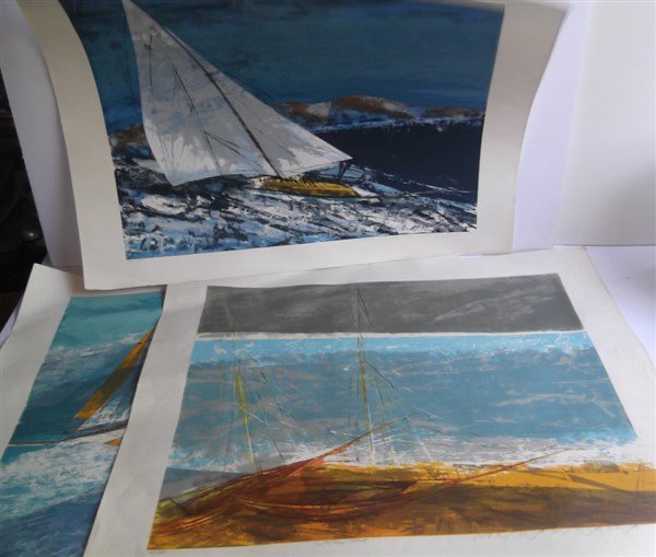 3 large sailboat at sea lithographs signed (1 of 10)