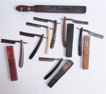 7 straight razors & 1 sharpener: 7 straight razors & 1 sharpener, names include A.W. Wadsworth & Son XLNT Germany; M.L. Brandt Cutlery Prussia; Manufactured by Frederick Reynold. Several need repair; used condition.