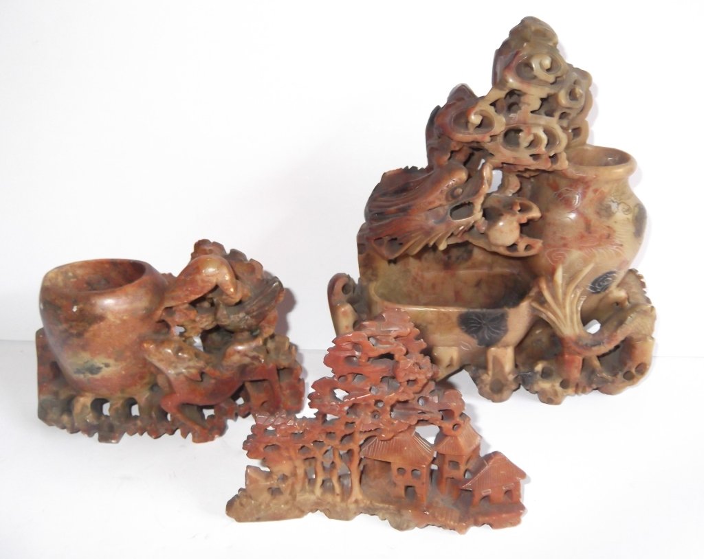 3 Oriental carved soapstone vases (1 of 5)