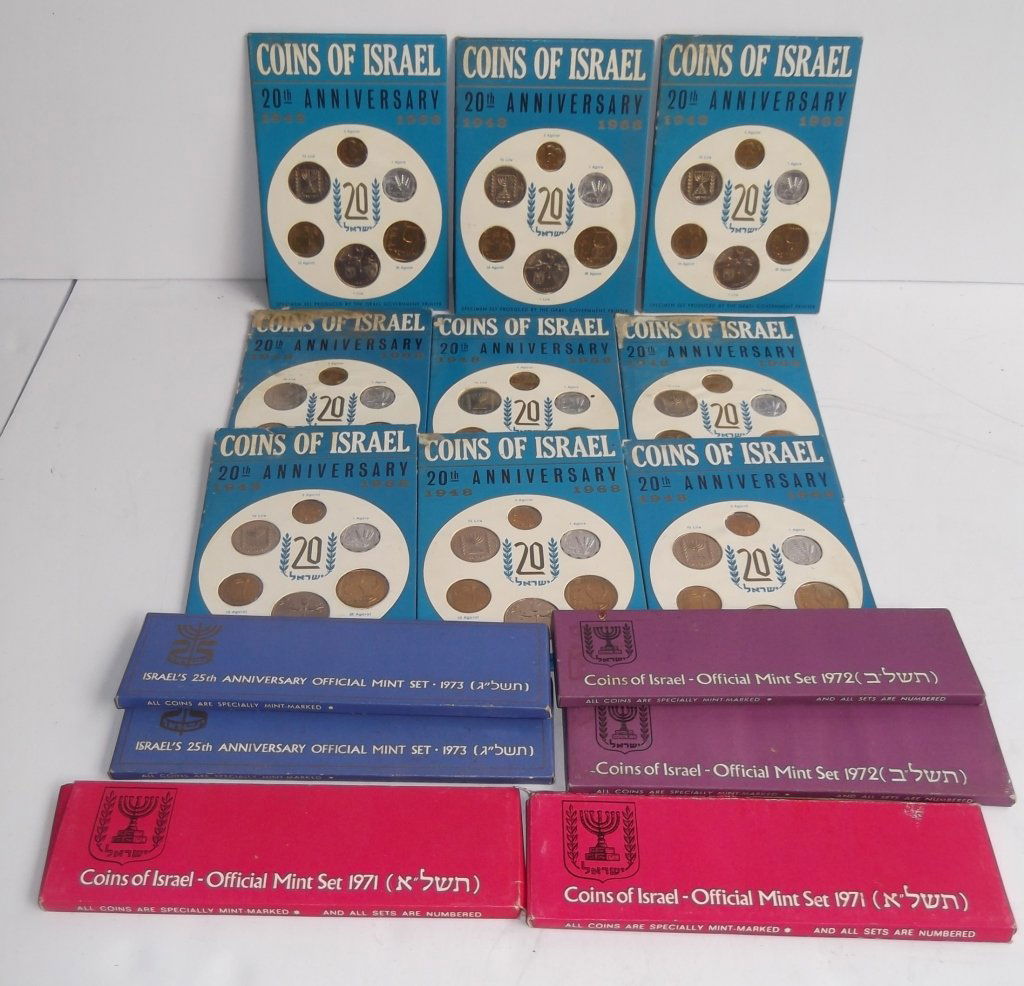 15 sets of Israeli coins: 15 sets of Israeli coins years include 1971, 1972, 1973, & 1968. Packages are stained; some tears.