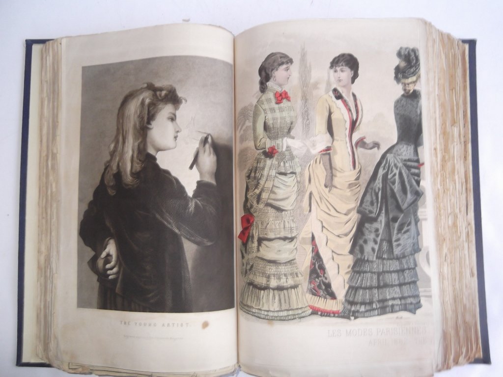 bound issues Peterson's Ladies National Magazines: 2 hardcover books of bound issues of Peterson's Ladies National Magazines, 1880's. 1 cover not attached; tears; stains; foxing. 10 1/2 inches x 6 1/2 inches.