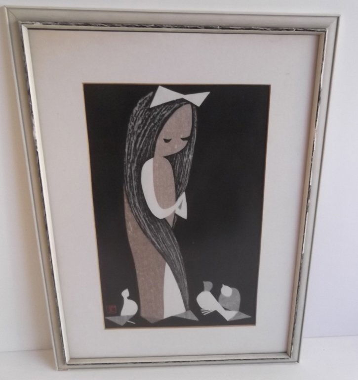 Girl with doves woodblock print (1 of 4)